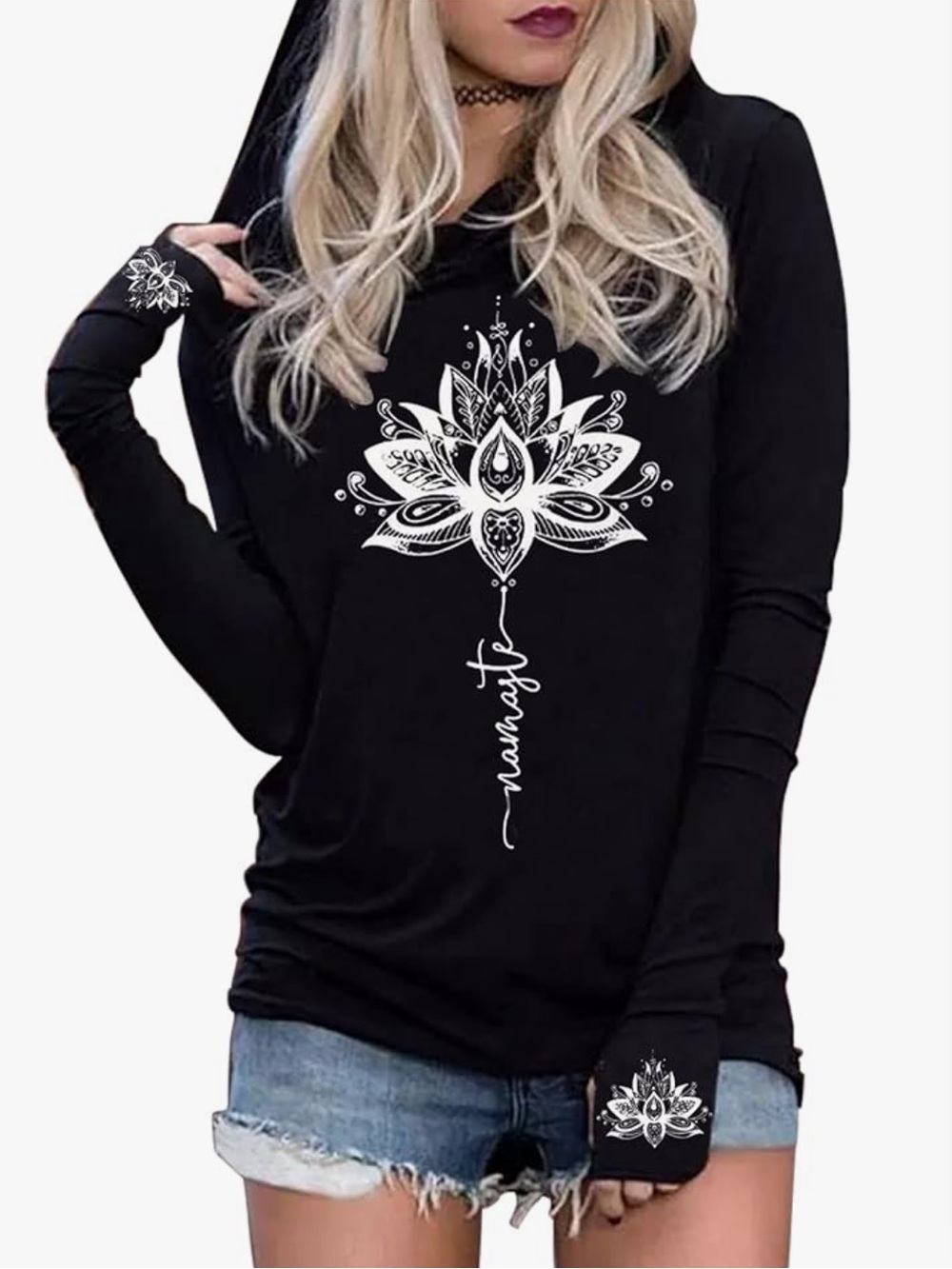 🌙 Black Long Sleeve Boho Lotus Graphic Hoodie Pullover Top